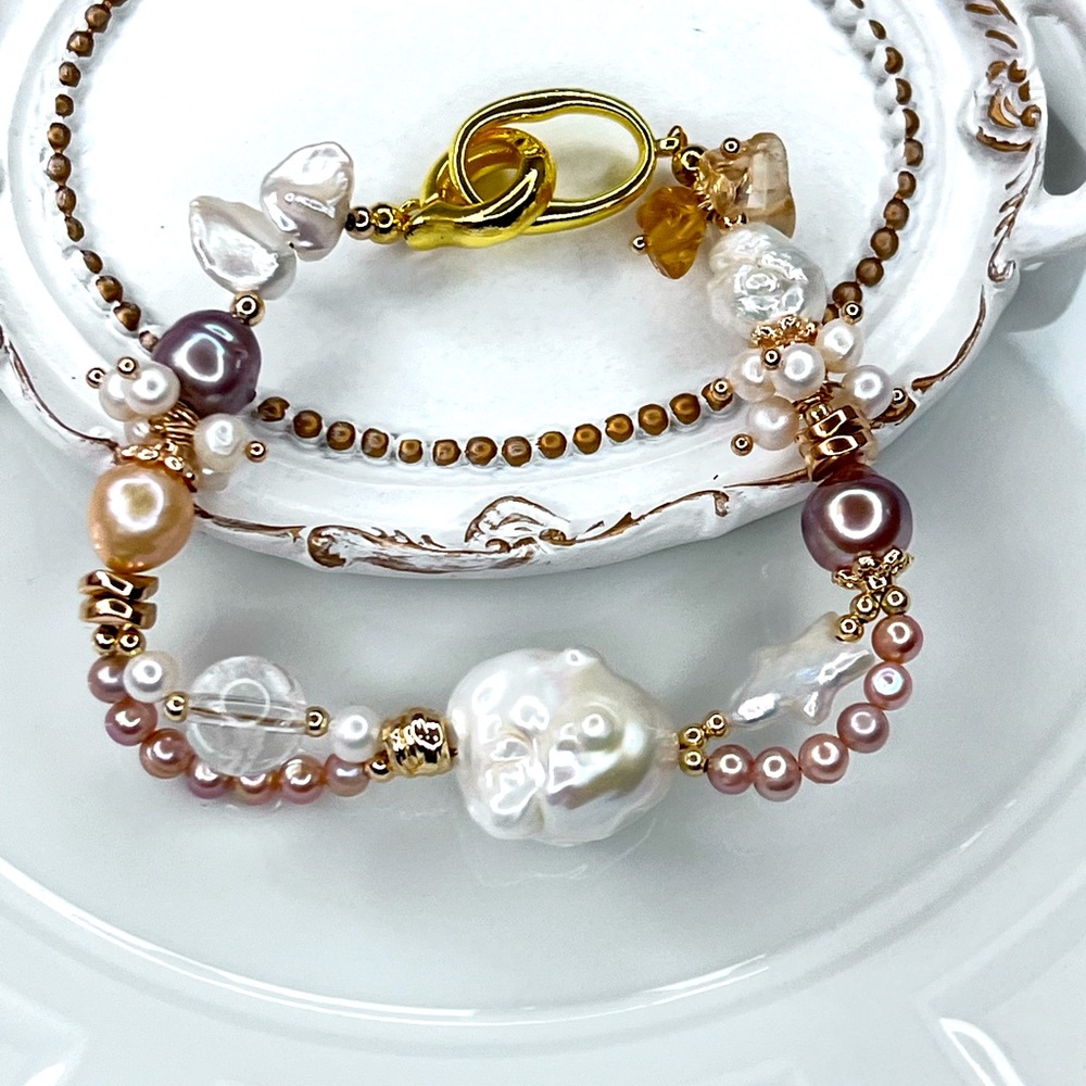 Handmade Freshwater Star ⭐️ Edison Pearl Clear Quartz Citrine Braided Bracelet